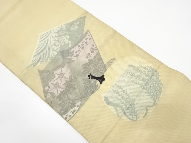 JAPANESE KIMONO / ANTIQUE SUMMER MARU OBI / WOVEN FLOWER & FAN